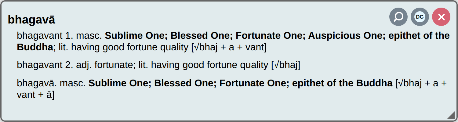 Dictionary entry for bhagavā with the buttons in the top right corner